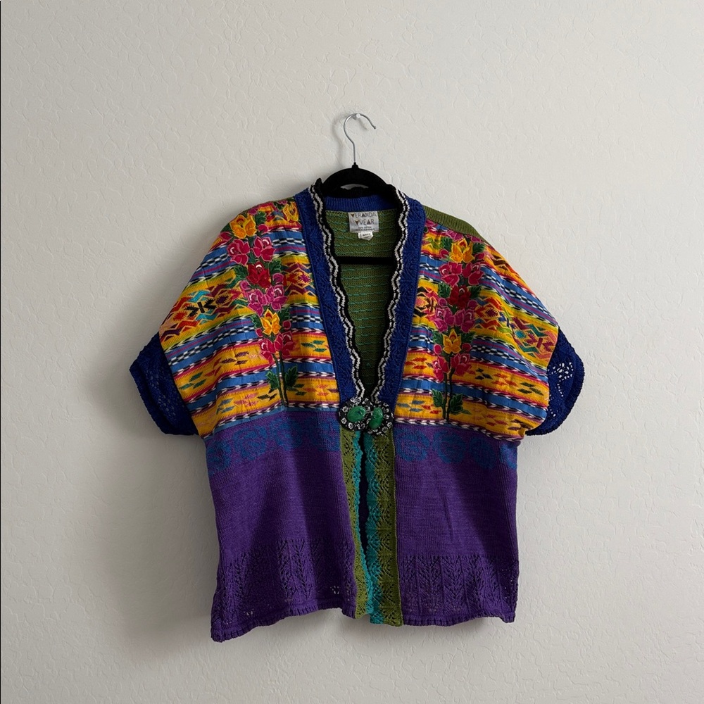Floral Knit Vintage Guatemalan Embroidered Vest Jacket by Veranda wear Sz M